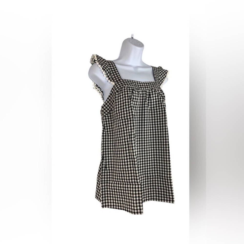 NWT Elle Black & White Gingham Babydoll Ruffles Tank Top with Pom-Trim Straps S
